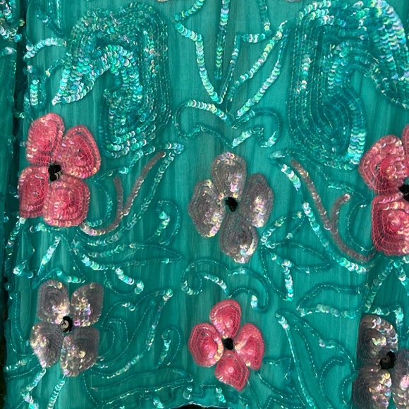 Turquoise Pink 100% Silk Floral Sequin Short Jacket | Hand Embroidered | Small - Picture 15 of 16